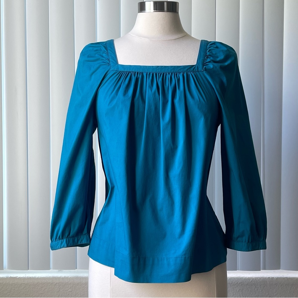 J Crew Square Neck Peasant Top Peacock Blue Cotton Stretch Size: S